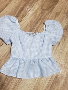 Lily White Blue/white Gingham Peplum Puff Sleeve Square Neck Stretch Back Med